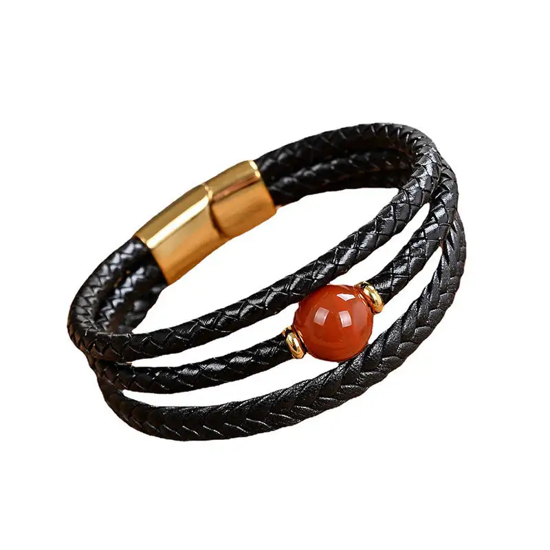 Bead Tiger Eye Amethyst Craved Leather Bracelet