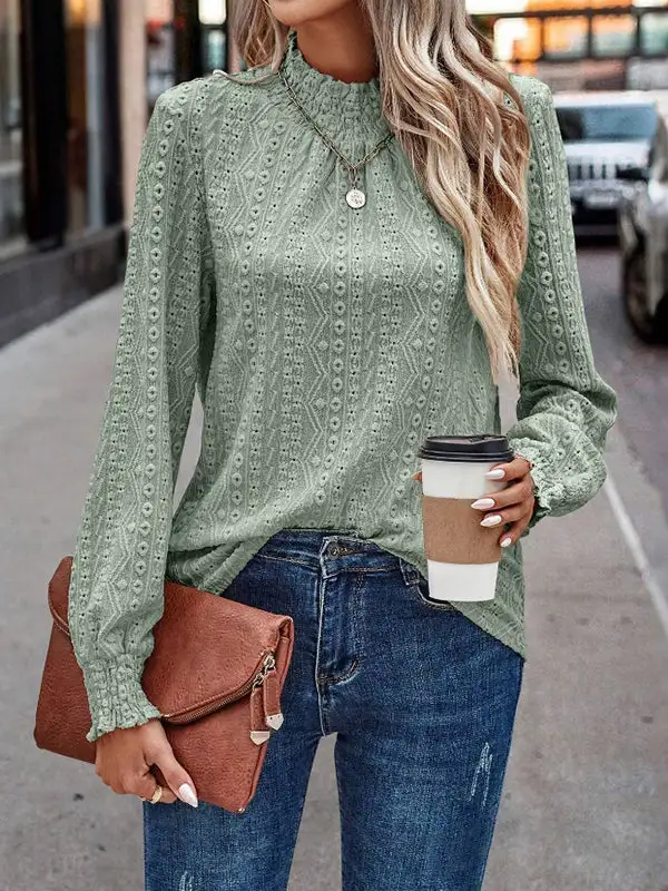 Long Sleeve Relaxed Elasticity Jacquard Pleat Detail Mock Neck T-Shirt