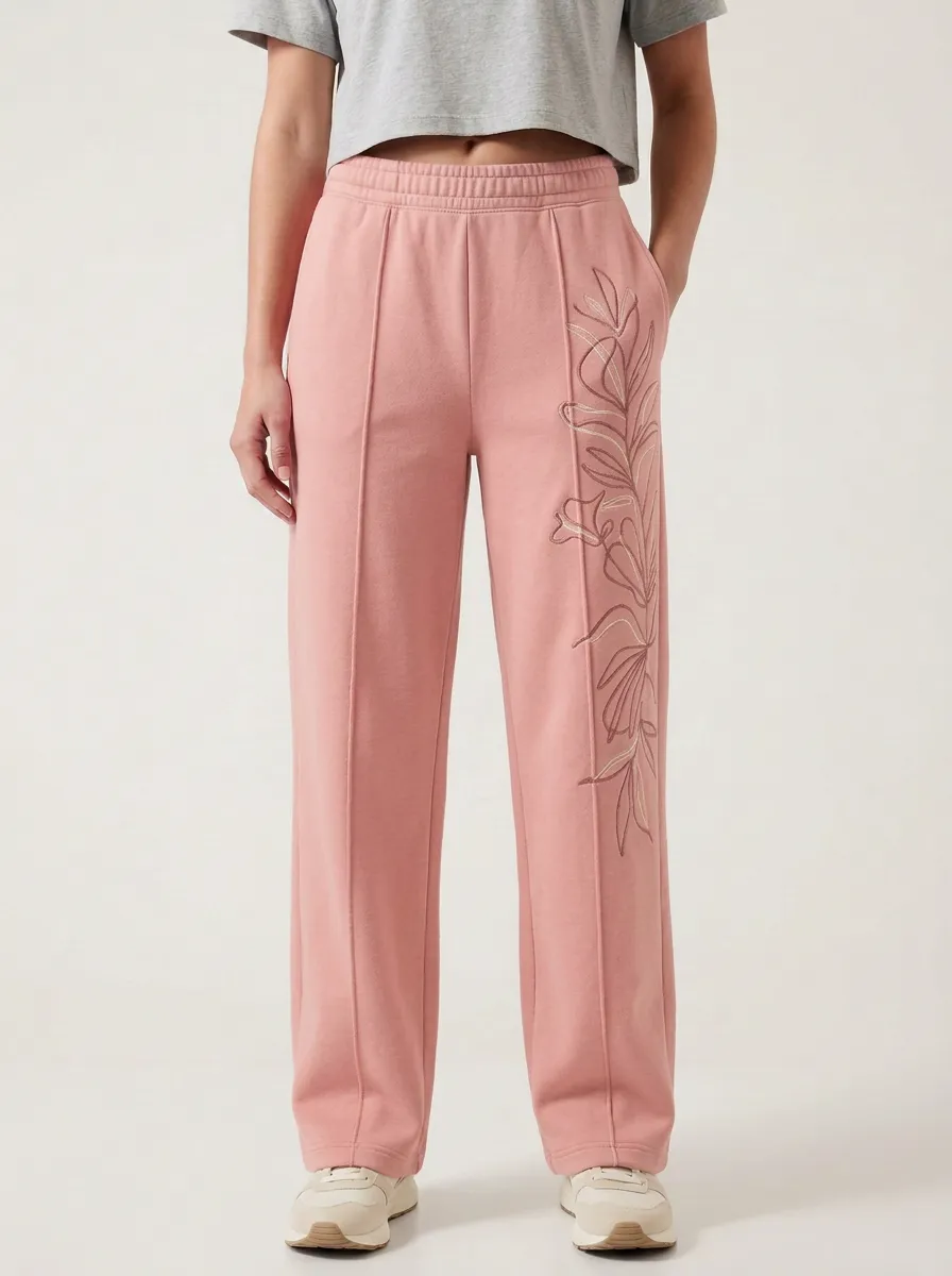 Women's Beige Embroidered Wide-Leg Sweatpants