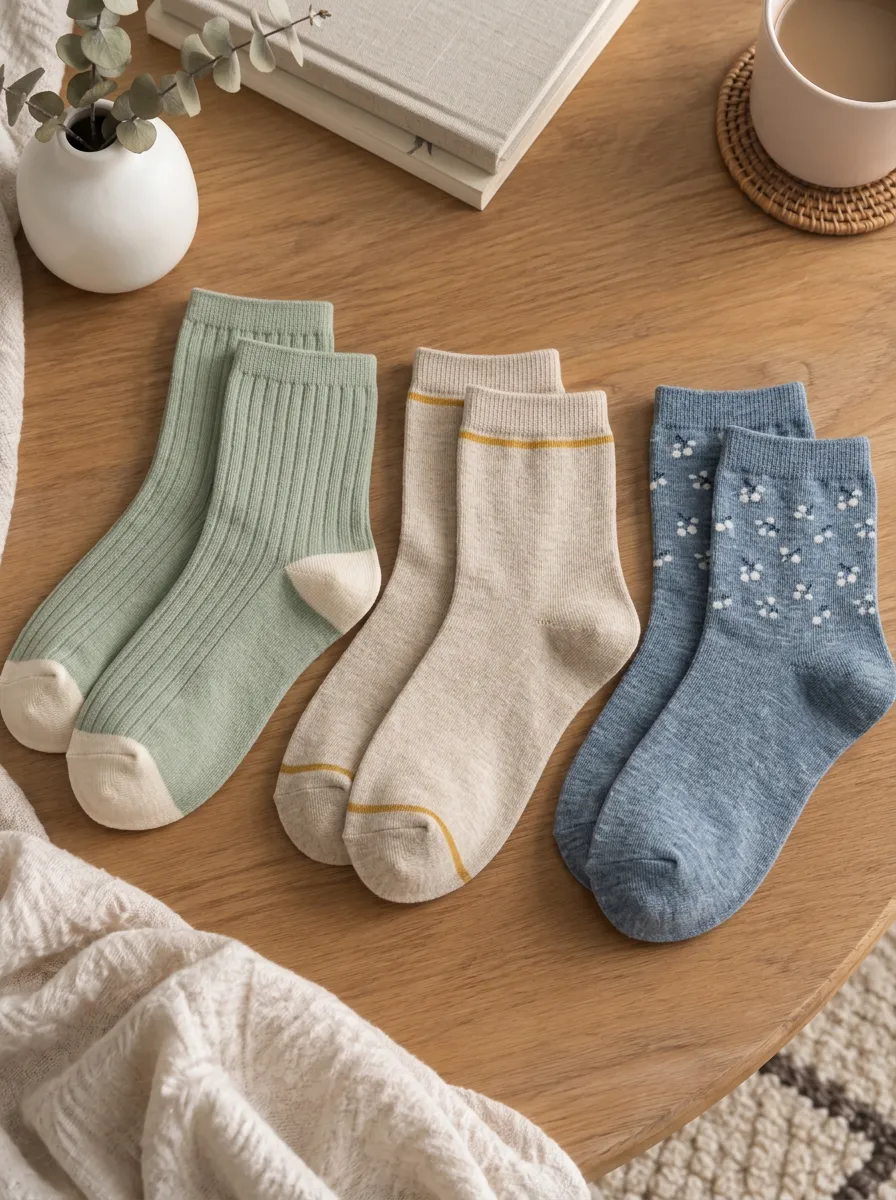 Women's Minimalist Floral Cherry Printed Ribbed Cotton Socks 3-Pack
