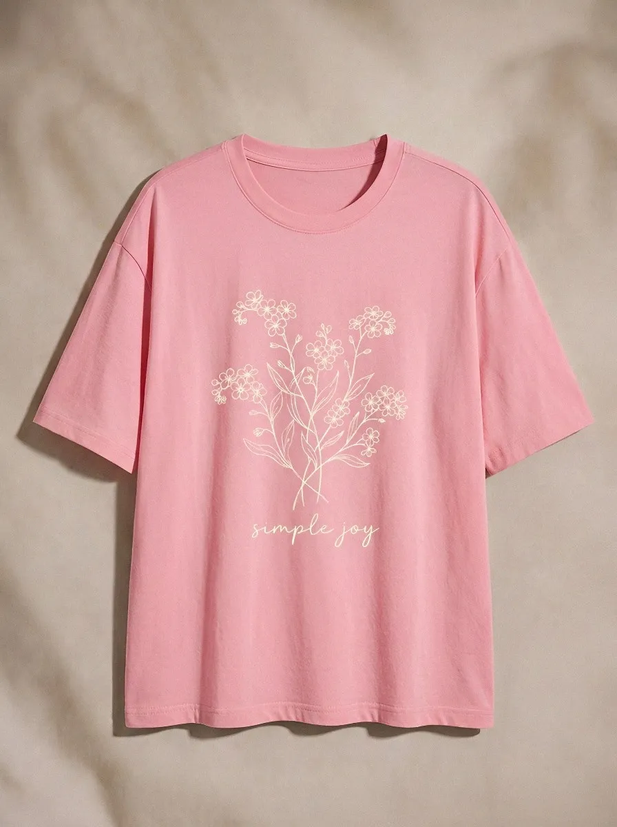 Women's Floral Lover Simple Joy Line Art Printed T-shirt