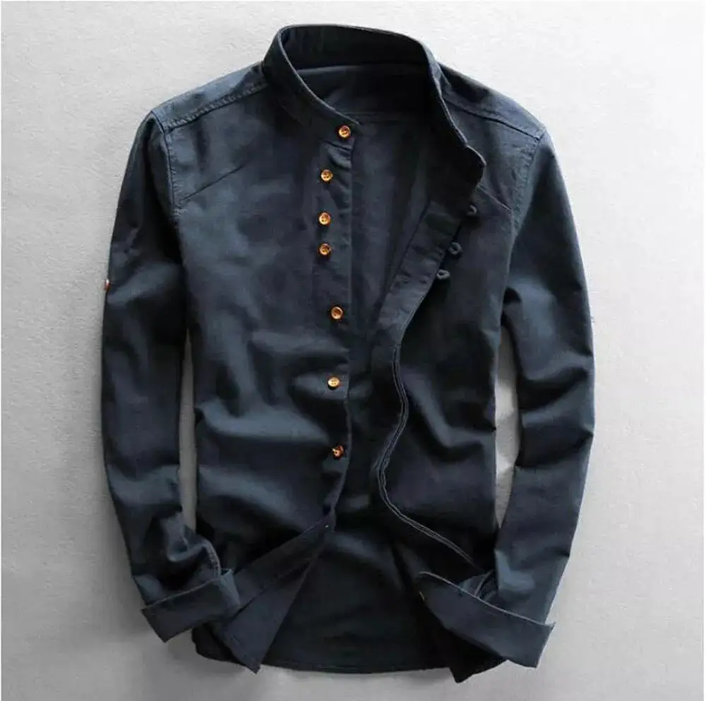 Mandarin Collar Grandad Collar Long Sleeve Casual Shirt