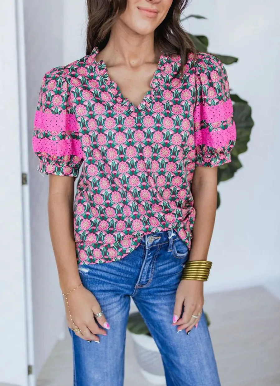Women's Floral Print Abstract Print V Neck Top