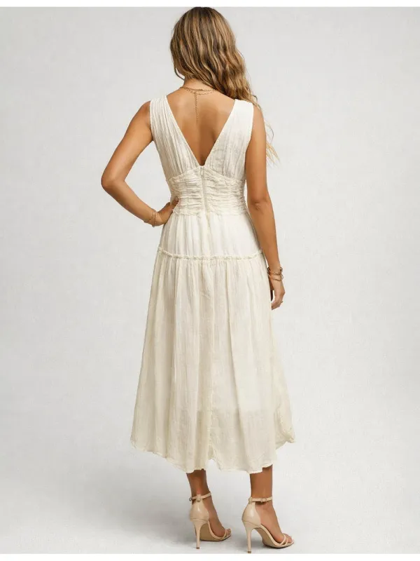 Wrap V Neck Ruched Waist Sleeveless Midi Dress