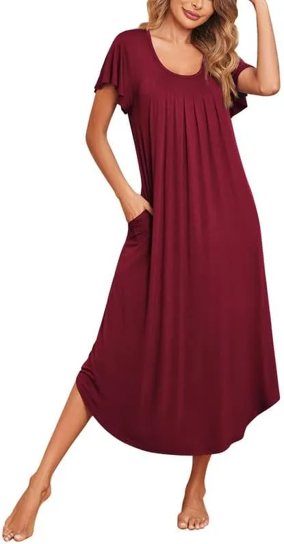 Ekouaer Long Nightgowns for Women with Pockets Short Sleeves House Dresses