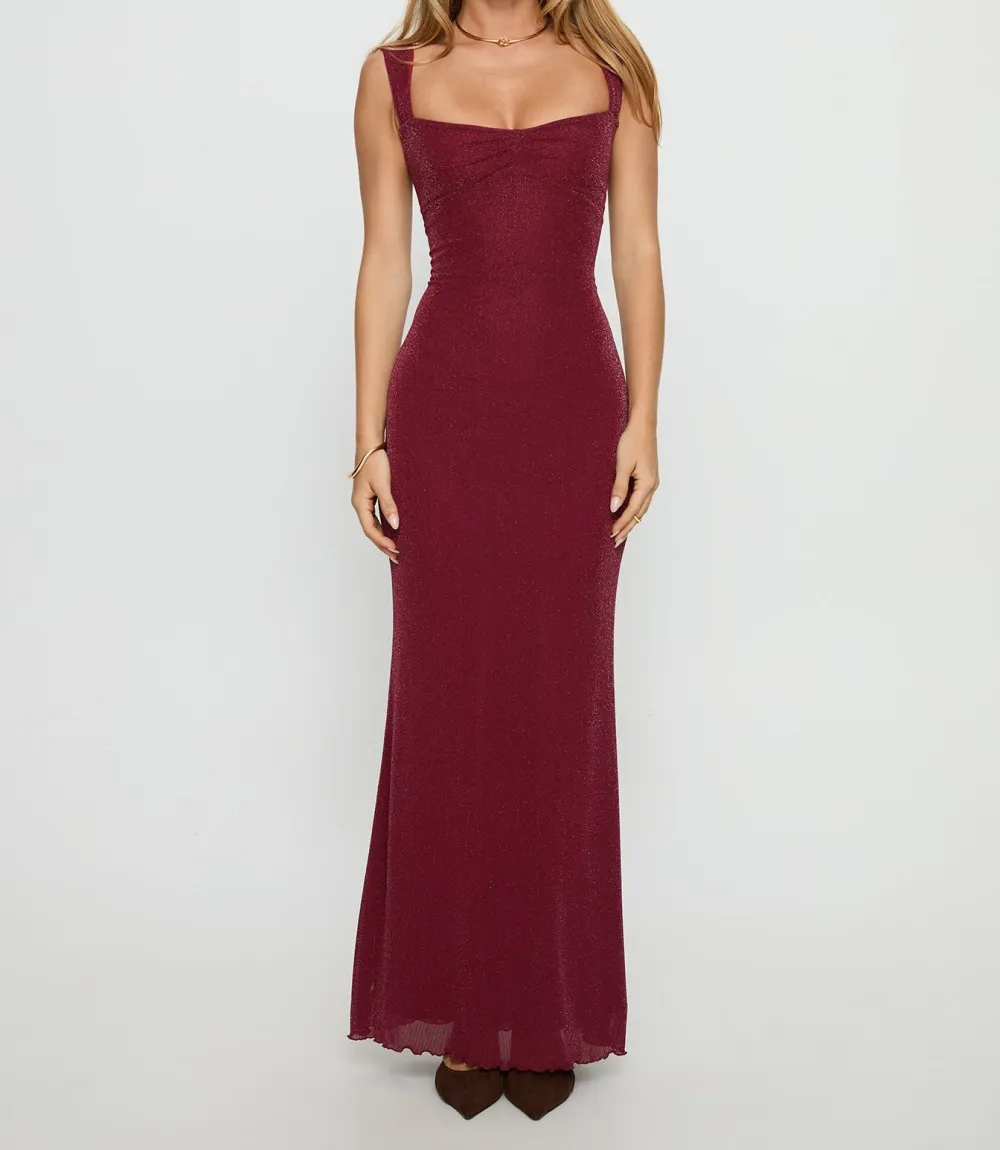 Burgundy Ruched Tie-Up Maxi Dress
