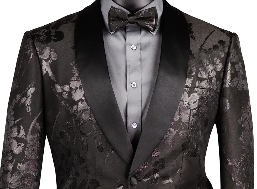 Black Slim Fit Floral Single Breasted Shawl Lapel Side Vents Jacket