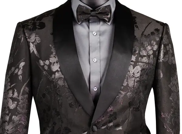 Black Slim Fit Floral Single Breasted Shawl Lapel Side Vents Jacket