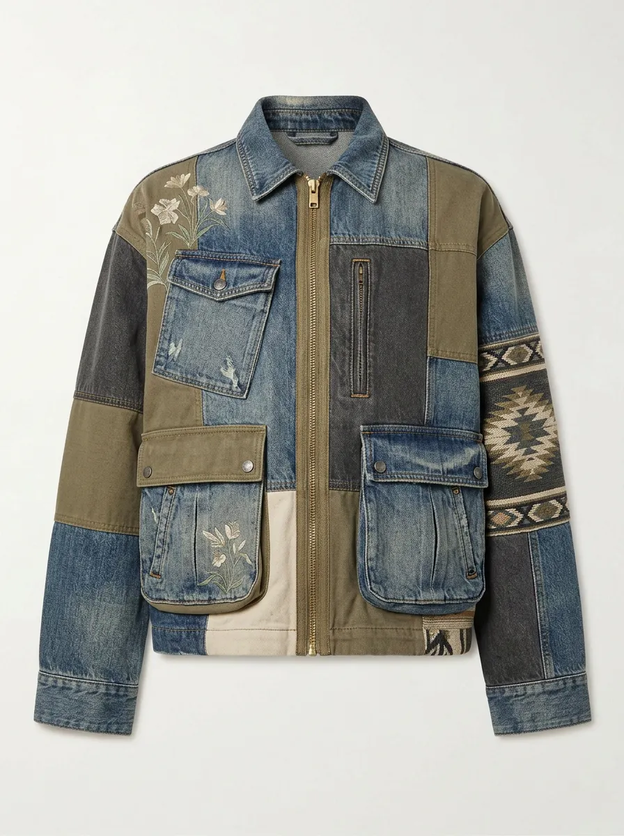 Men's Multicolor Patchwork Denim Utility Jacket