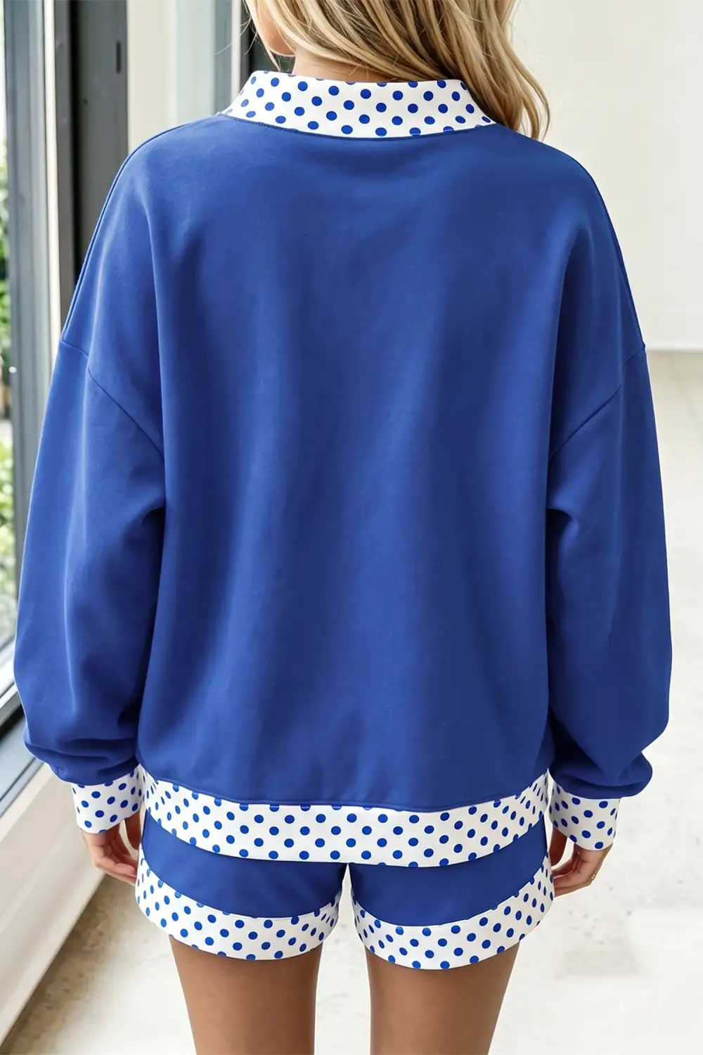 Women's Polka Dot Trim Baggy Pullover Two Piece Short Coordinated Set