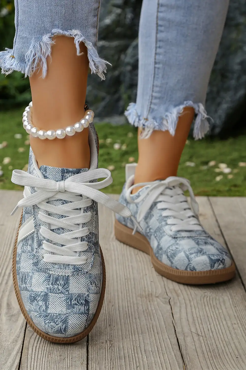 Checkered Denim Lace-Up Casual Sneakers