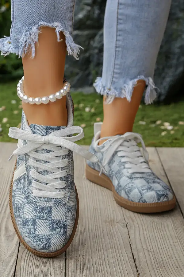 Checkered Denim Lace-Up Casual Sneakers