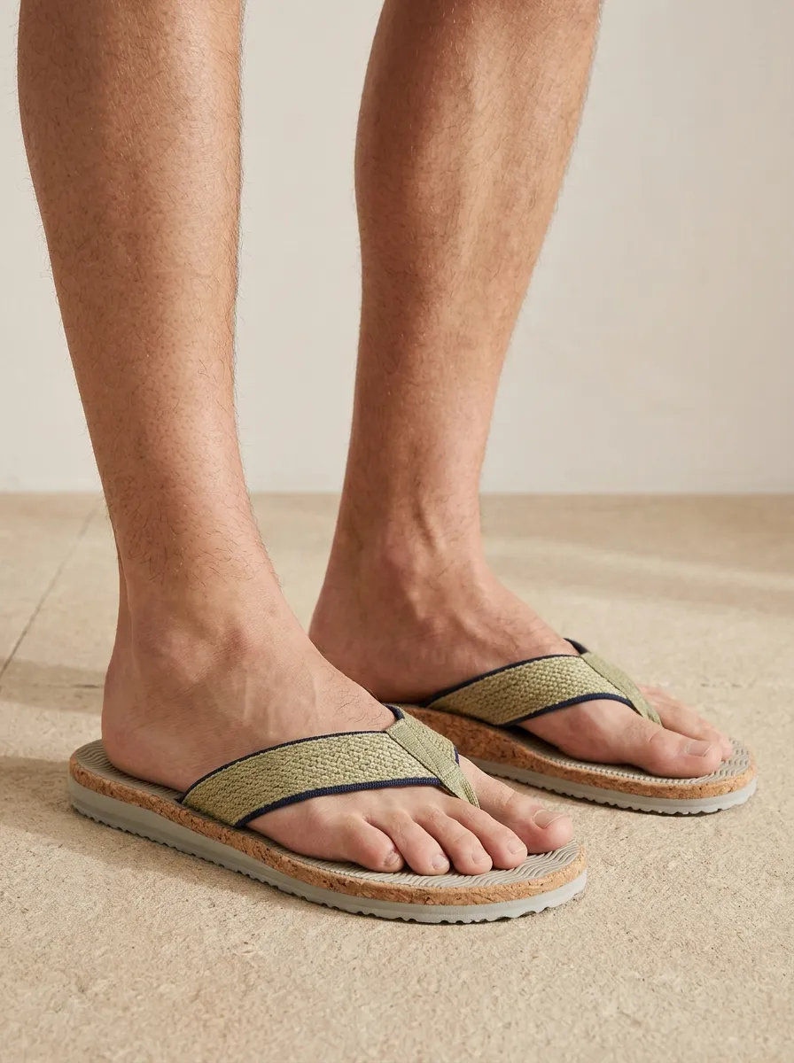 Men's Casual Summer Woven Strap Cork Footbed Printed Flip Flops