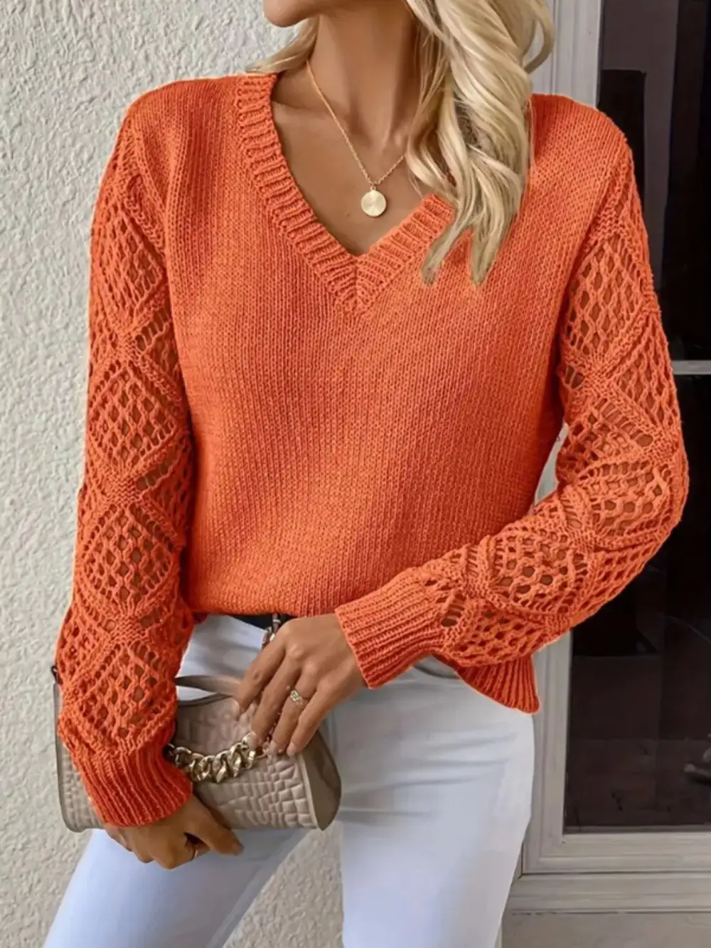 V-Neck Crochet Sweater