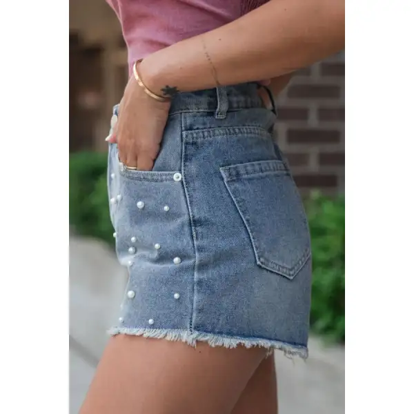 Pearl Beaded Raw Hem Wash Denim Shorts