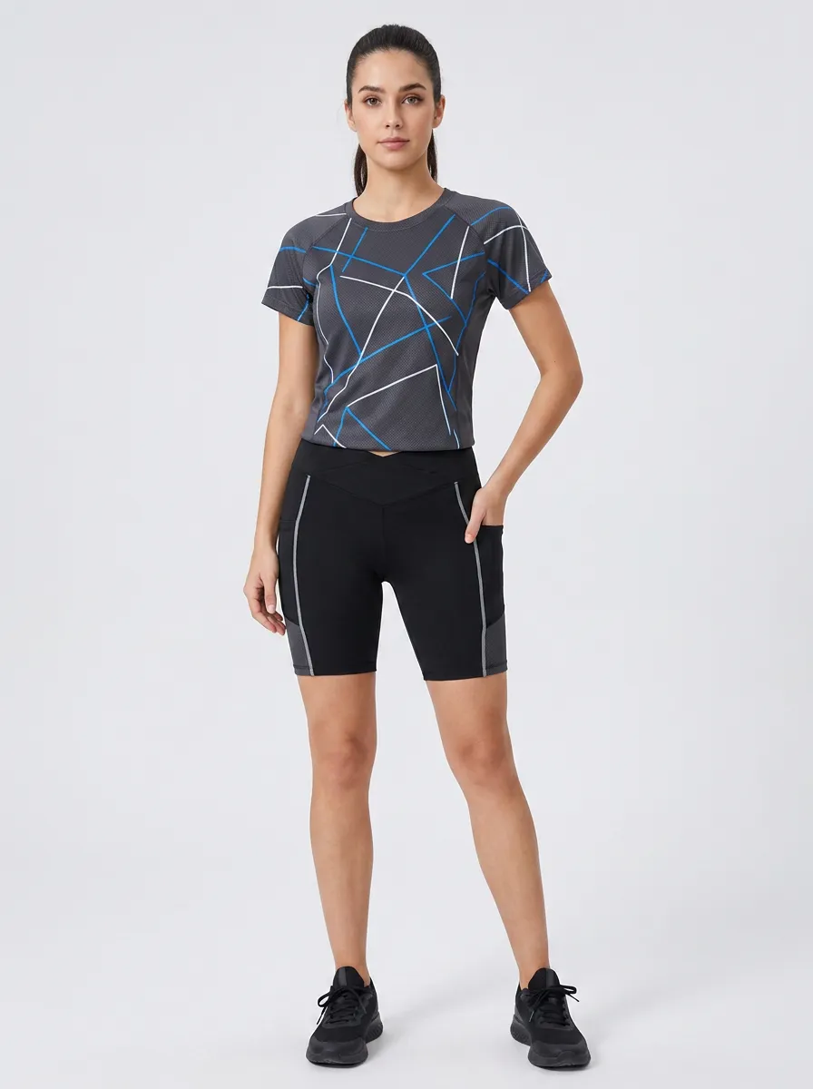 Women's Athletic Fitness Geometric Printed Short Sleeve Yoga Set