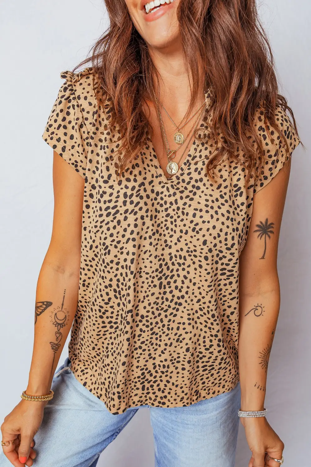 Apricot Cheeath Print Frilled V Neck Shirred Detail Short Sleeve Blouse