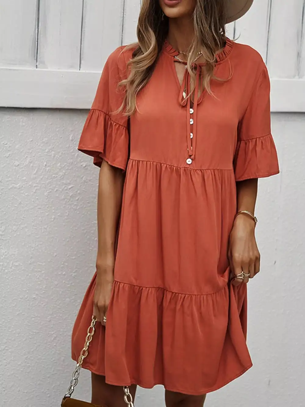 Button Front Ruffle Tiered Mini Dress
