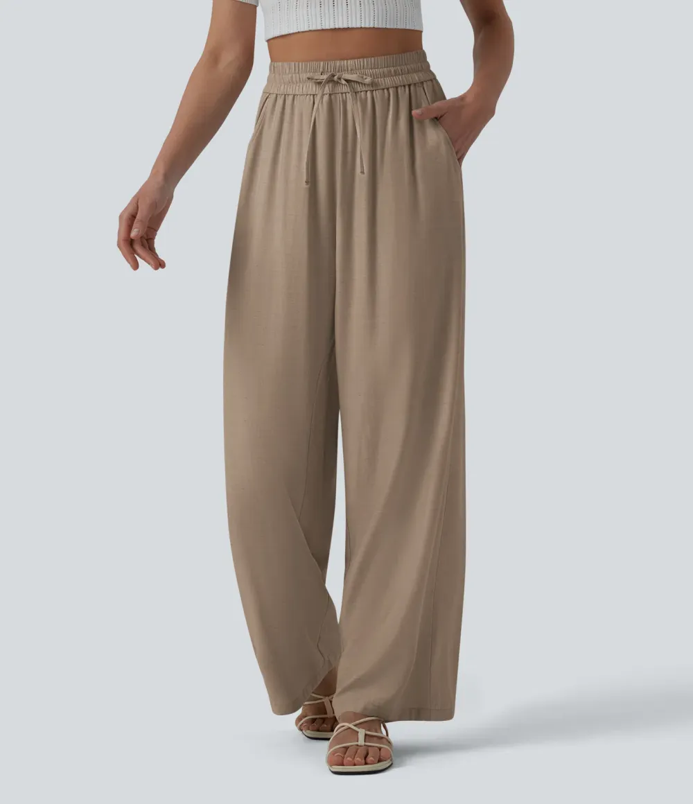 2026🔥High Waisted Drawstring Wide Leg Casual Linen-Blend Trousers with Pockets