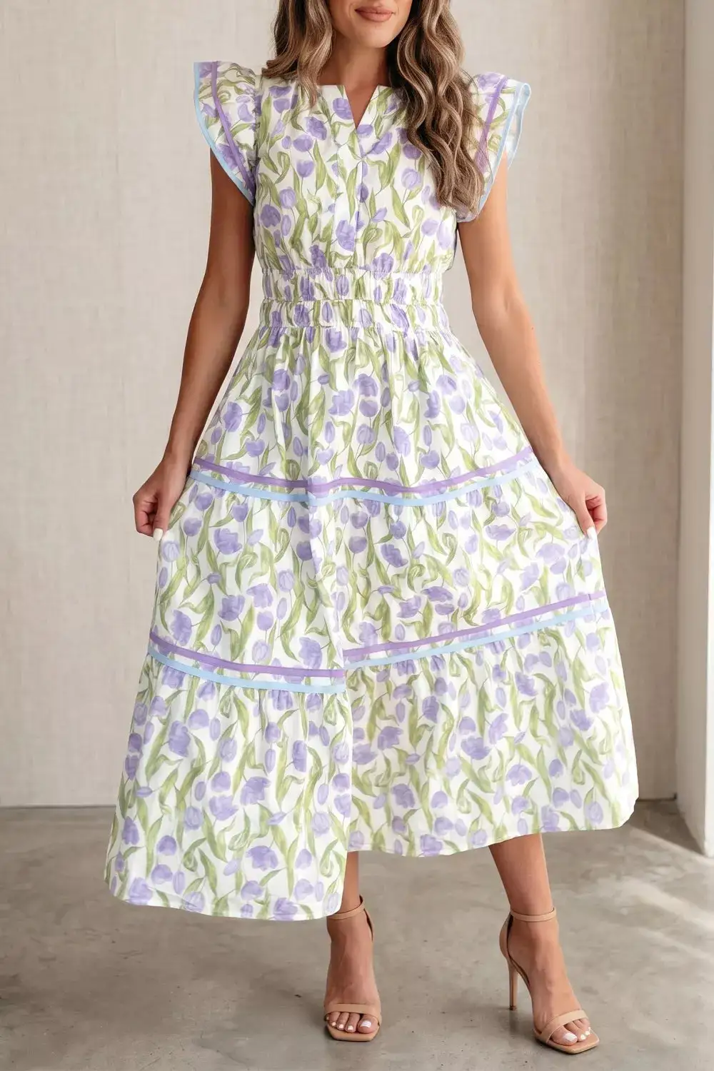 Print Contrast Trim Midi Dress