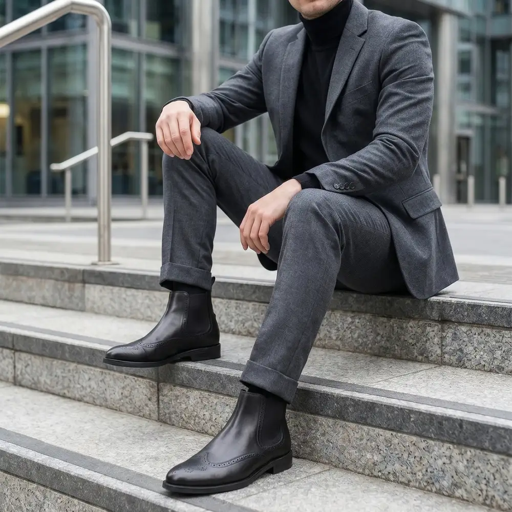 Faux-Leather Wingtip Brogue Chelsea Boots