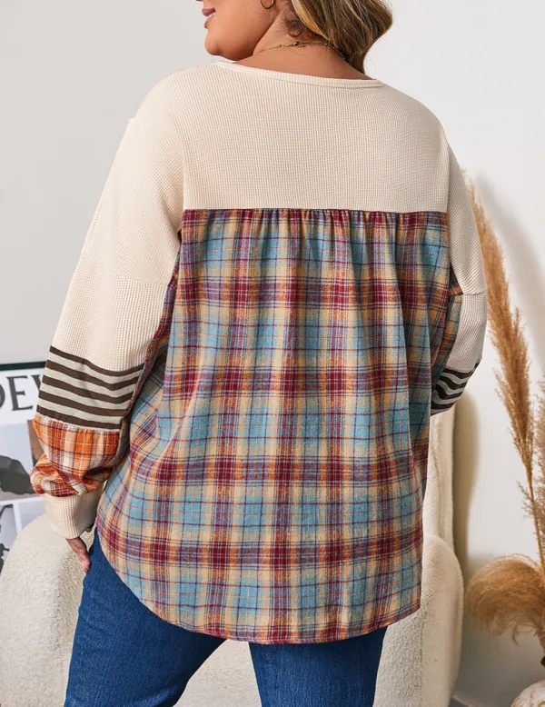 Women's Plaid Striped Colorblock Pullover Top