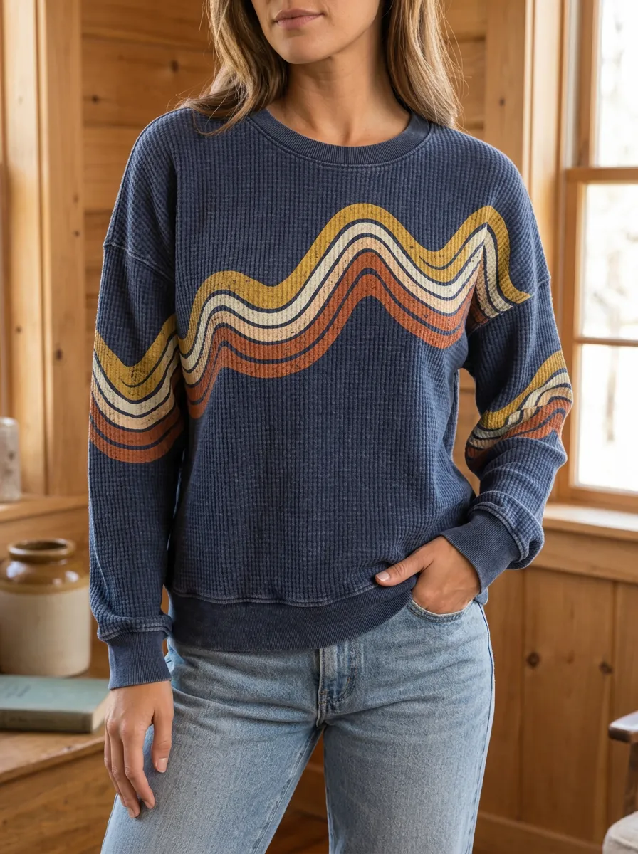 Women's Retro Wave Pattern Printed Waffle Knit Crewneck Sweatshirt