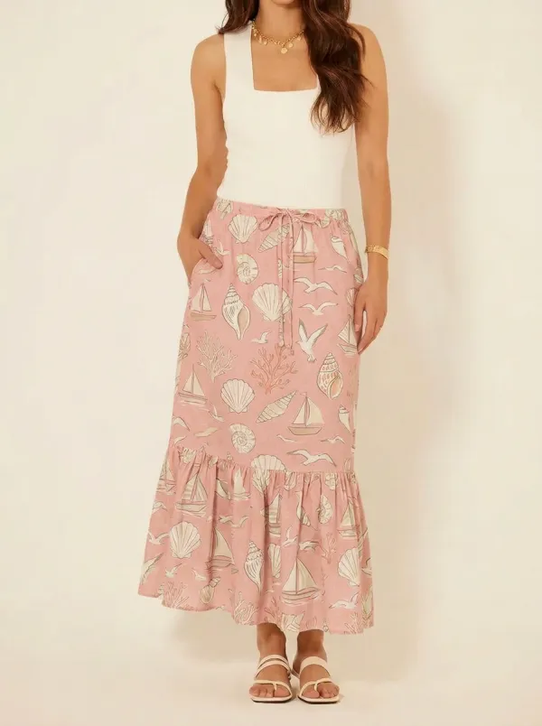 Women's Beach Vacation Seashell Sailboat Printed Midi Skirt