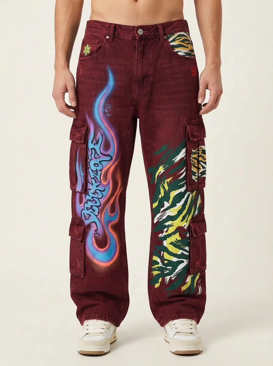 Men's Graffiti Flame Tiger Stripe Graphic Cargo Jeans