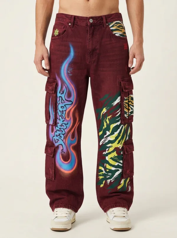 Men's Graffiti Flame Tiger Stripe Graphic Cargo Jeans
