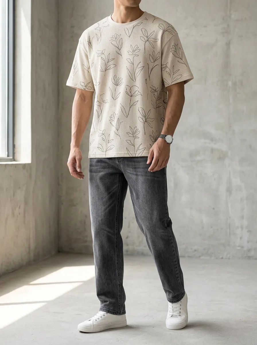 Men's Floral Line Art Printed T-Shirt and Jeans Set
