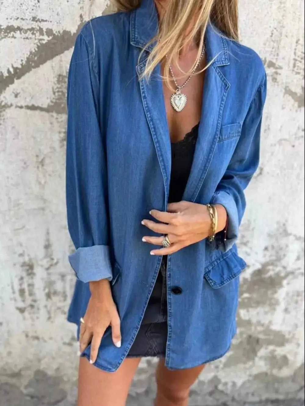 Plus Size Button Down Denim Blazer