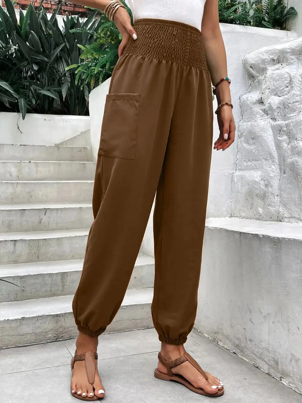 Jogger High Waist Smocked Waist Pocketed Pants