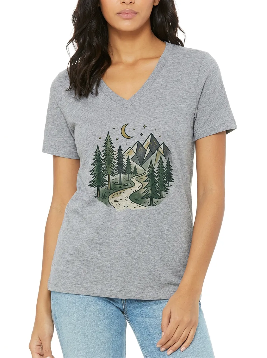 Women's Nature Lover Mountain Forest Moon Printed V-Neck T-Shirt