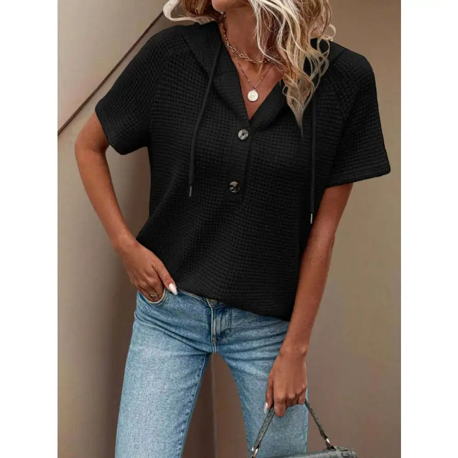Waffle Knit Hooded Short Sleeve Blouse