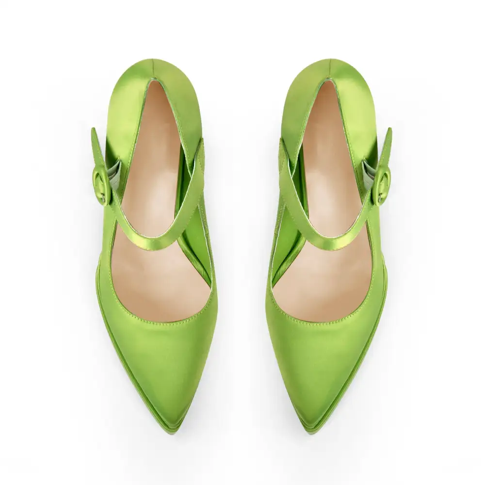 Satin Finish Pointed Toe Platform Chunky Heel Pumps