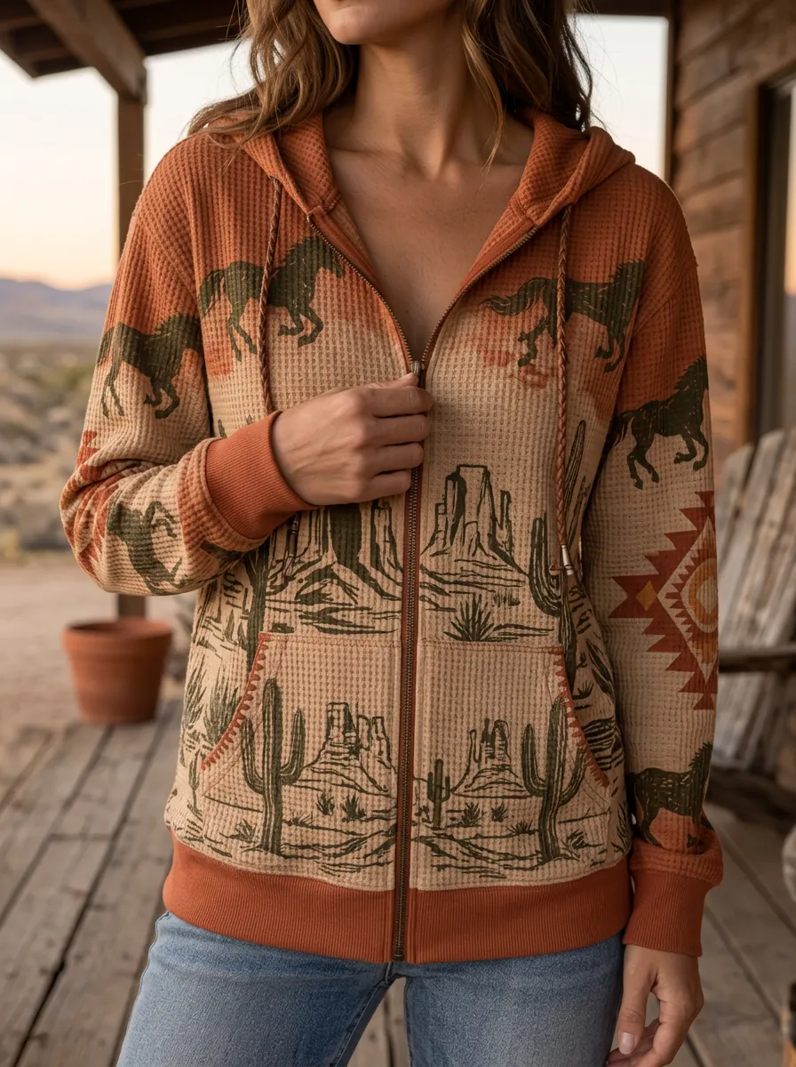 Women's Western Horse Cactus Desert Signature Design Waffle Zip-Up Hoodie