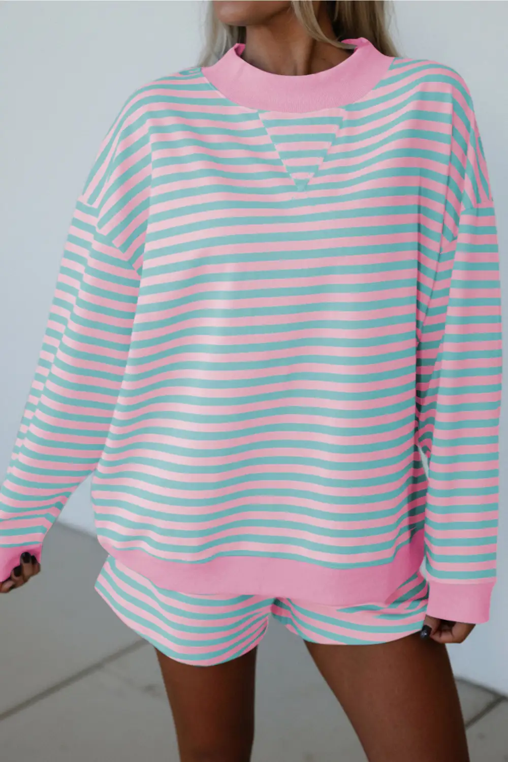 Stripe Long Relaxed Shorts Lounge Set Comfort