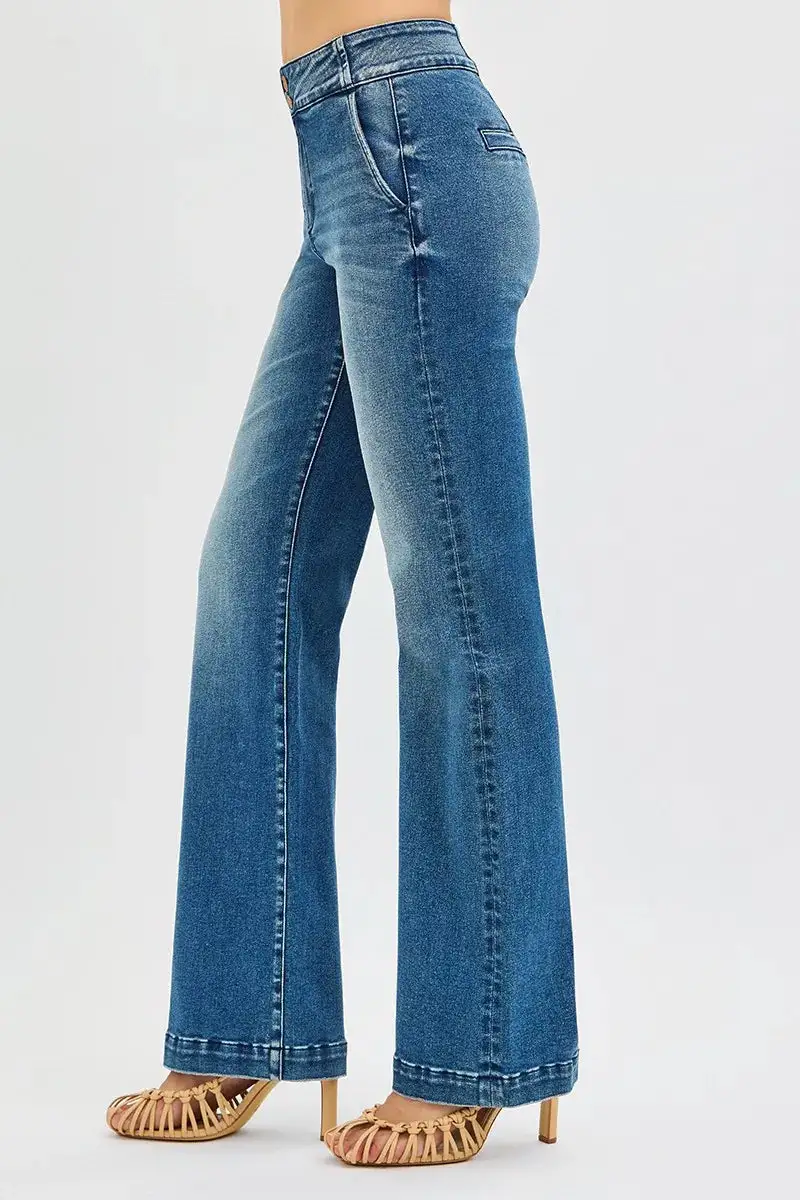 Washed High Waist Flare Leg Button Denim Jeans