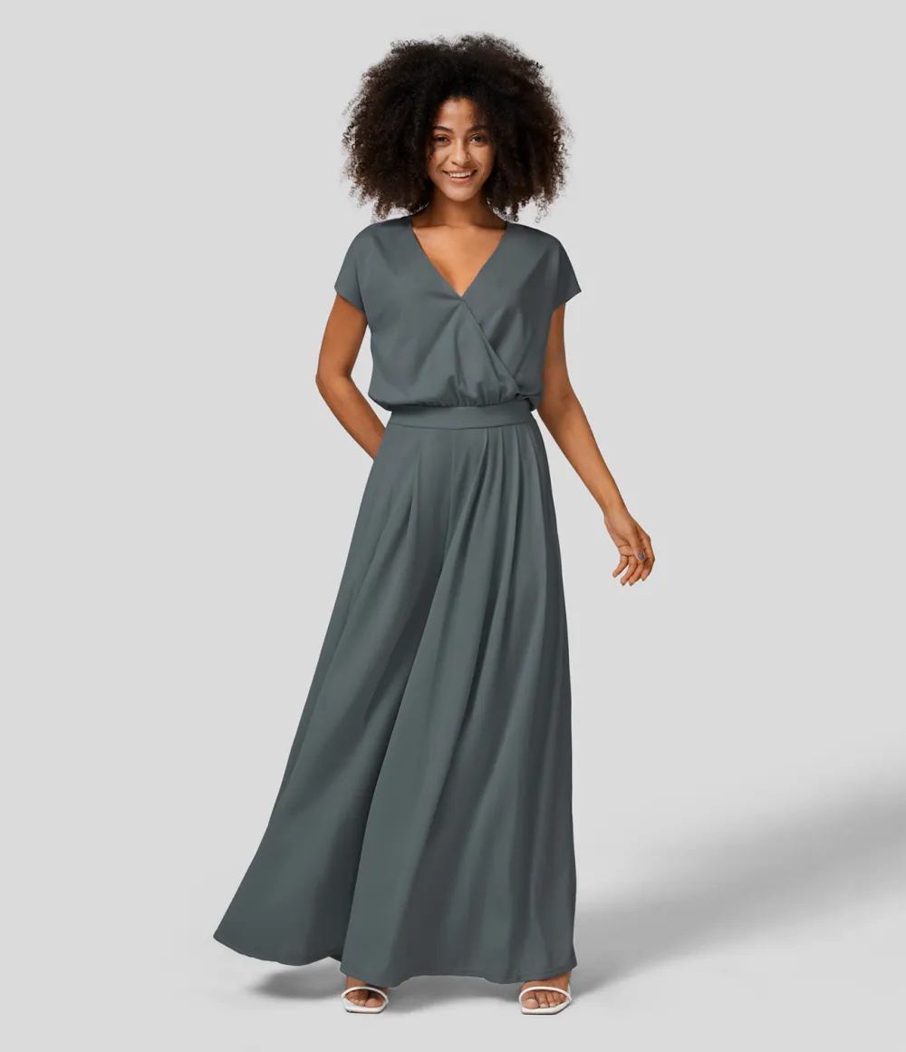 V Neck Short Sleeve Plicated Side Pocket Wide Leg Flowy Waffle Casual Jumpsuit