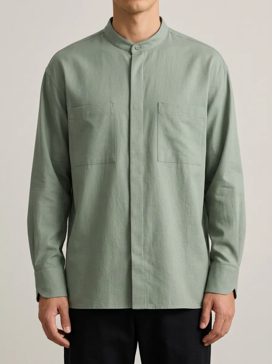 Unisex Sage Green Shirt with Mandarin Collar Neckline