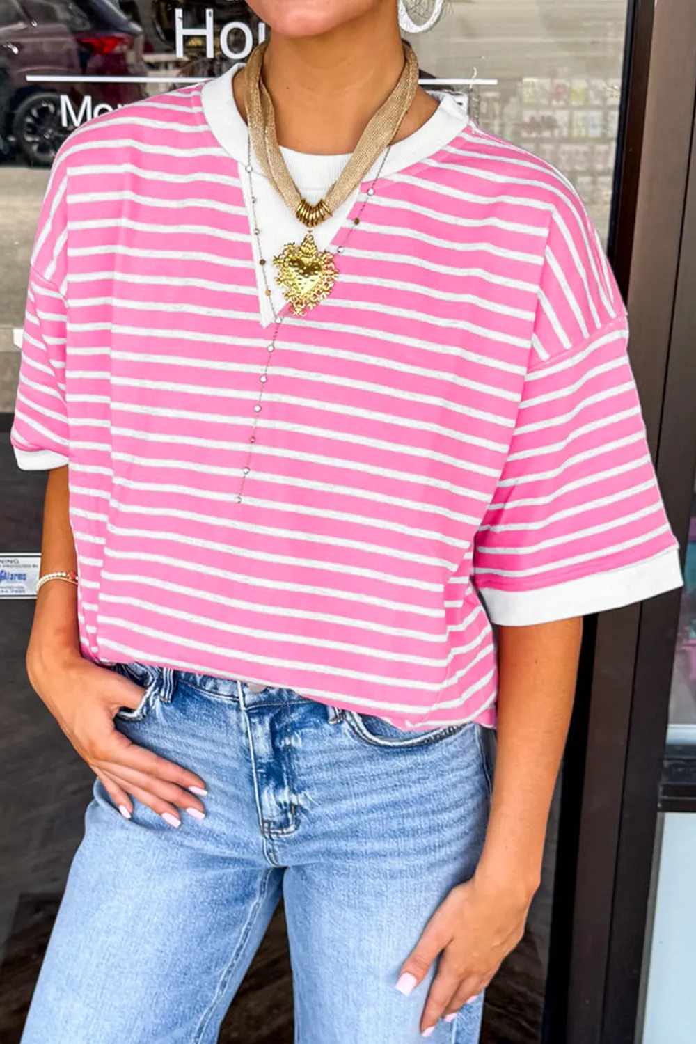 Pink Stripe Round Neck Drop Top