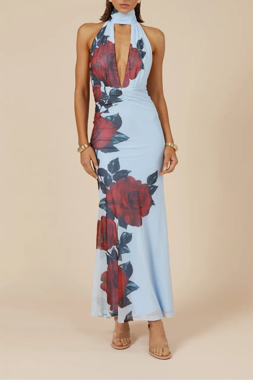 Floral Print Halter Neck Maxi Dress