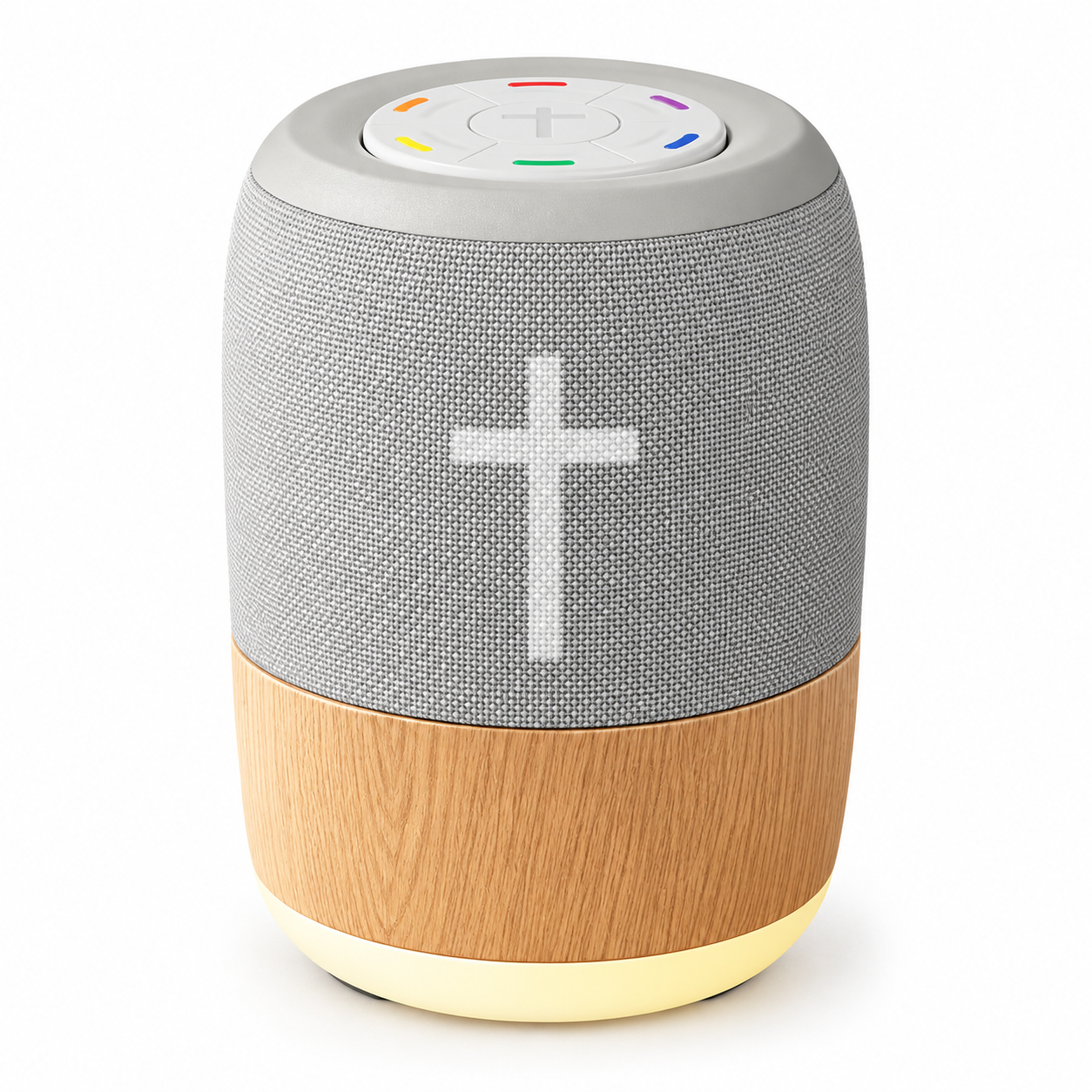 Compact gray fabric and wood-look Bible verse audio player with six colored top buttons