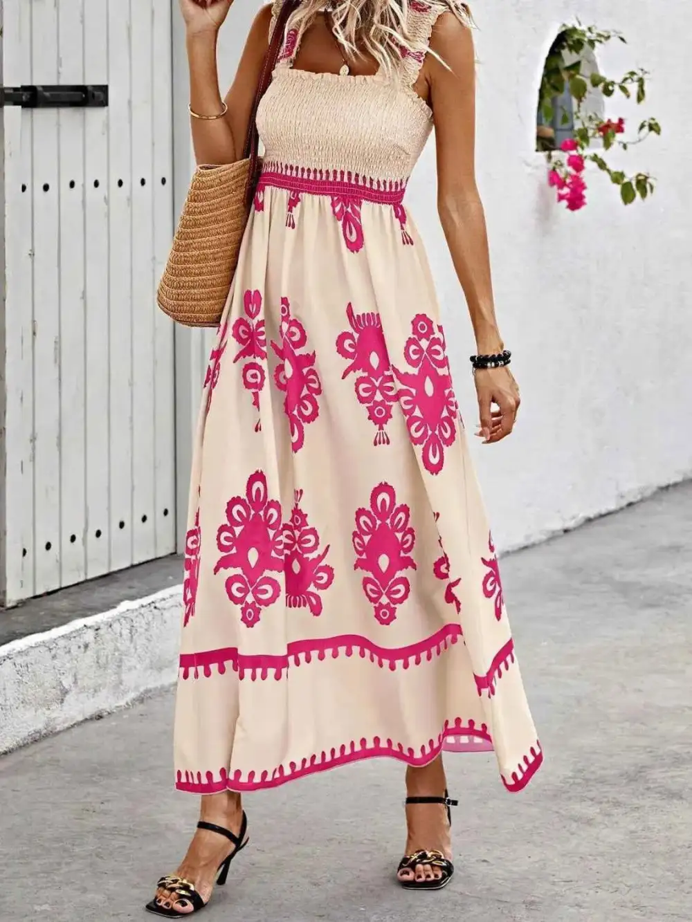 Smocked Printed Wide Strap Maxi Dress
