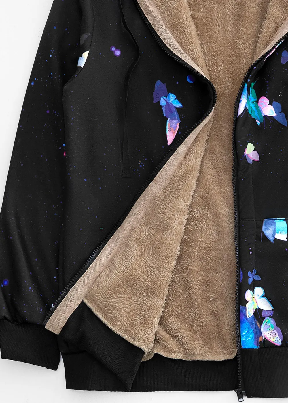 Black Pocket Butterfly Print Long Sleeve Hooded Coat