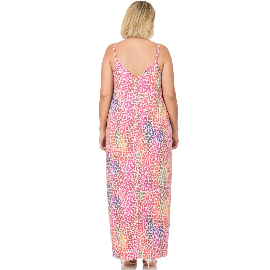 French Terry Rainbow Leopard V Neck Cami Maxi Dress with Pockets Bright Rainbow