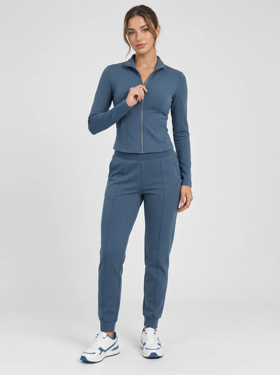 Women's Athletic Fitness Blue Zip-Up Jacket Jogger Set
