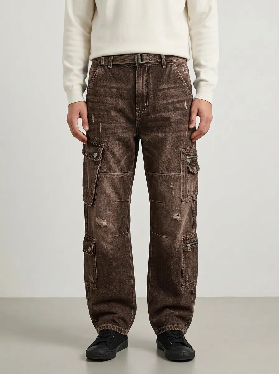 Men's Streetwear Distressed Washed Black Multi-Pocket Cargo Jeans