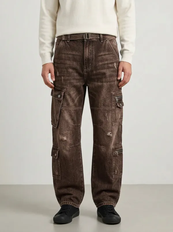 Men's Streetwear Distressed Washed Black Multi-Pocket Cargo Jeans